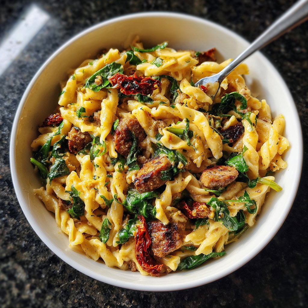 One Pot Cajun Sausage Pasta with Spinach and Sun-Dried Tomatoes
